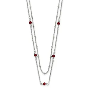 Stainless Steel Polished 2-Strand Red Crystal Beaded w/1in ext. Necklace