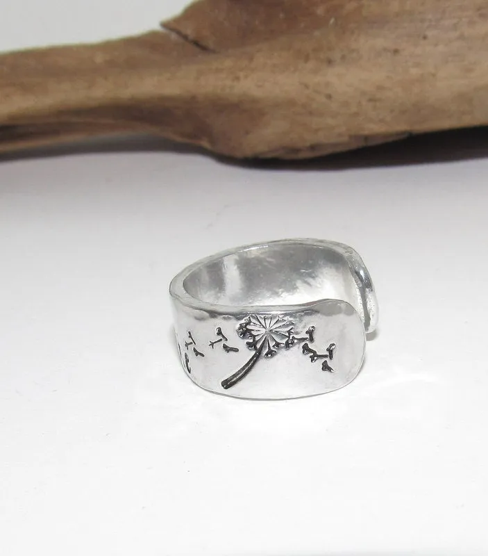 Sterling silver Dandelion breath adjustable stamped ring, inspiration rings, adjustable silver ring, stamped jewelry, Personalized boho ring