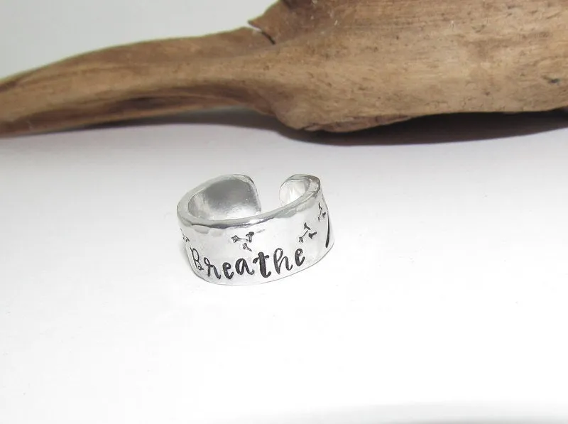 Sterling silver Dandelion breath adjustable stamped ring, inspiration rings, adjustable silver ring, stamped jewelry, Personalized boho ring