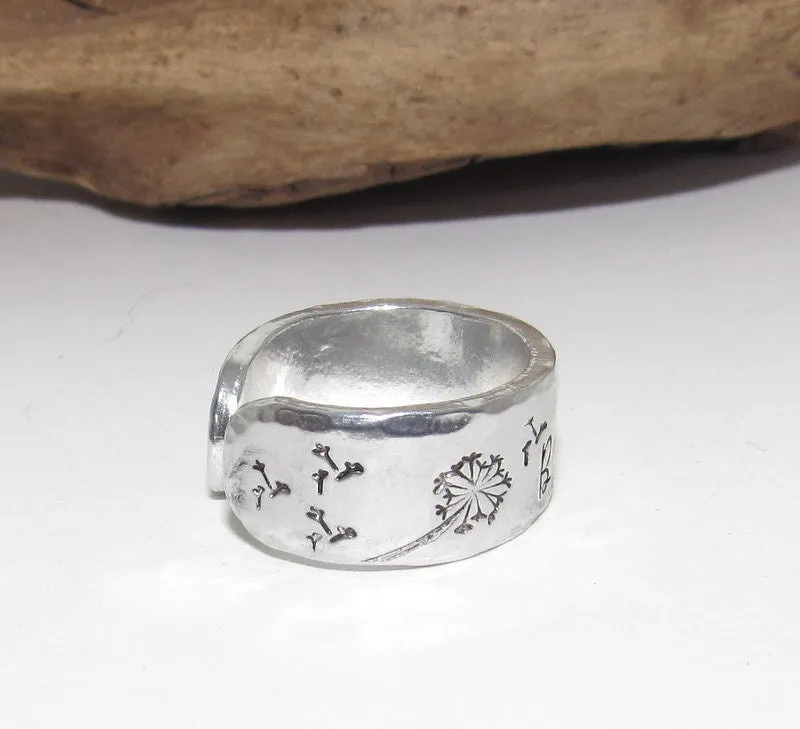 Sterling silver Dandelion breath adjustable stamped ring, inspiration rings, adjustable silver ring, stamped jewelry, Personalized boho ring