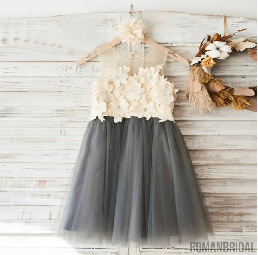 Top Lace Appliques Grey Tulle Sleeveless Cute Custom Flower Girl Dresses, FG088