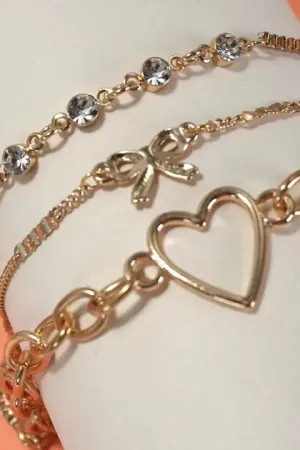 Triple Layer Bracelet - Heart, Bow, Rhinestone