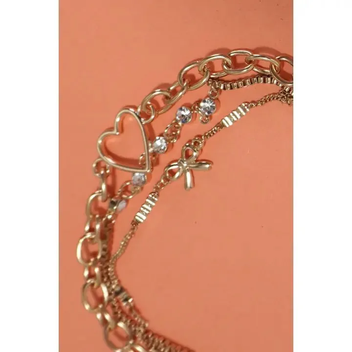 Triple Layer Bracelet - Heart, Bow, Rhinestone
