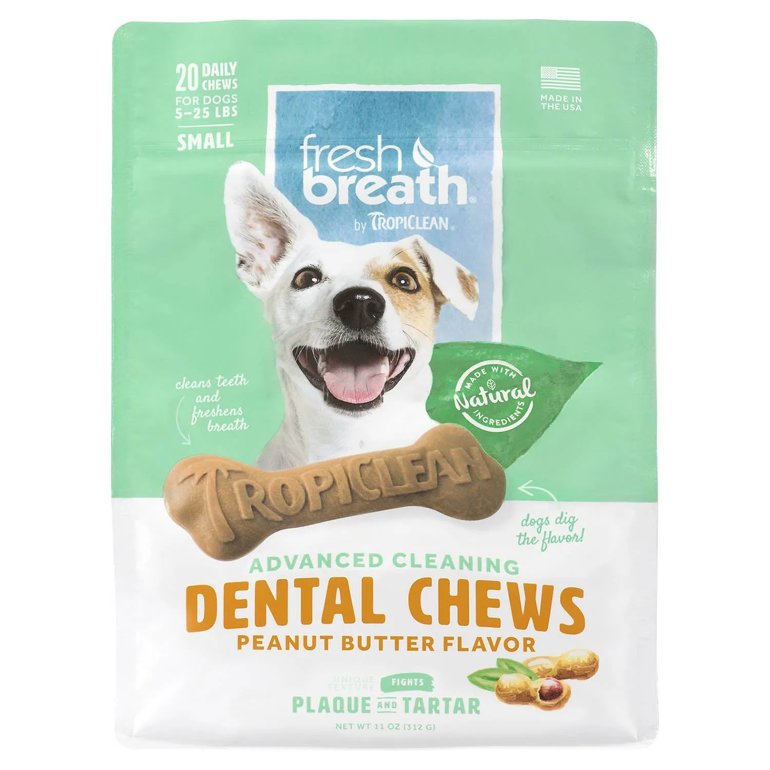 TropiClean Fresh Breath Dental Chew Peanut Butter Flavor Dog Treats, 20-count, Small