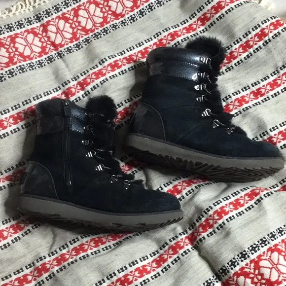 UGG zip boot black suede &amp; metallic patent leather