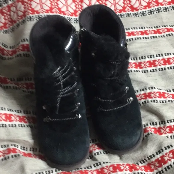 UGG zip boot black suede &amp; metallic patent leather