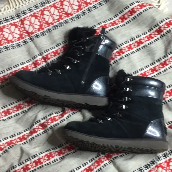 UGG zip boot black suede &amp; metallic patent leather