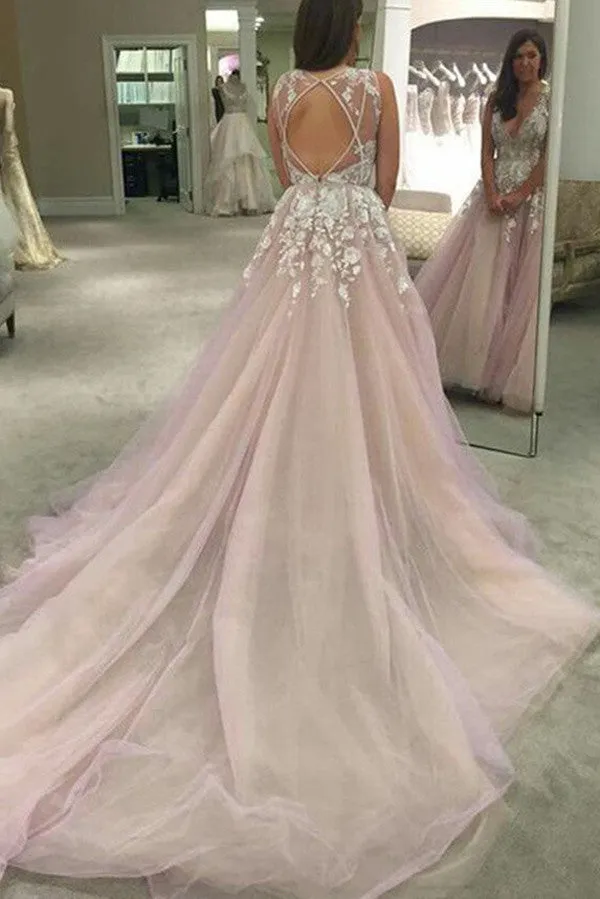 V-neck Long Wedding Dress with Appliques Sheer Back Wedding Gown SW31
