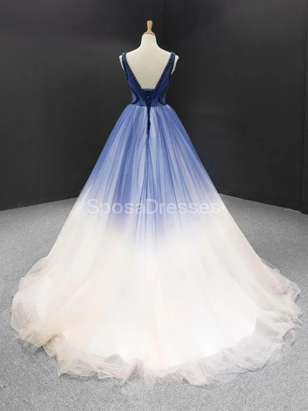 V Neck Ombre A-line Cheap Long Evening Prom Dresses, Evening Party Prom Dresses, 12249