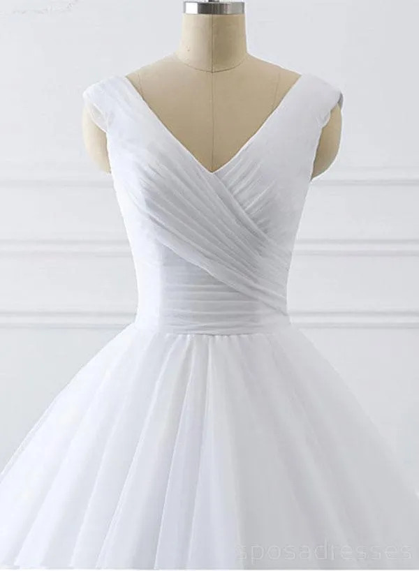 White V neck Tulle Cheap Wedding Dresses Online, Cheap A-line Bridal Dresses, WD464